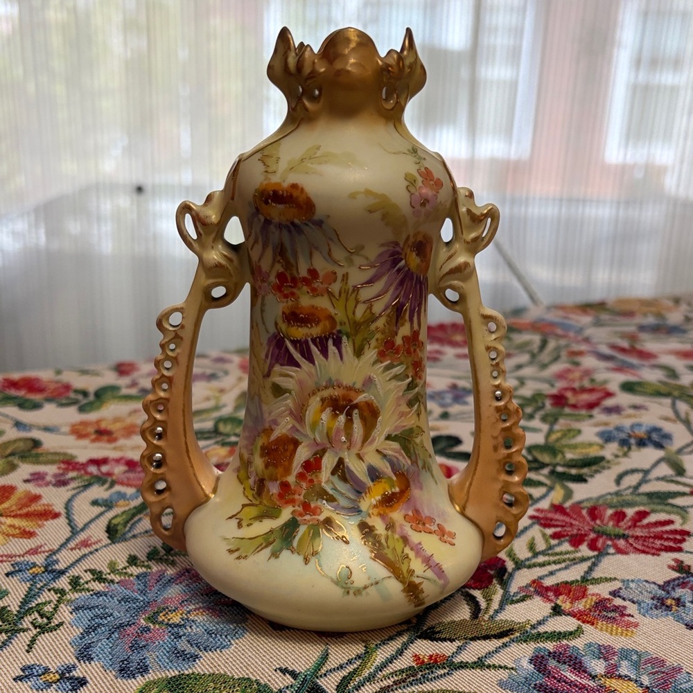 Art Nouveau Style Hand-Painted Floral Porcelain Double Handle Vase